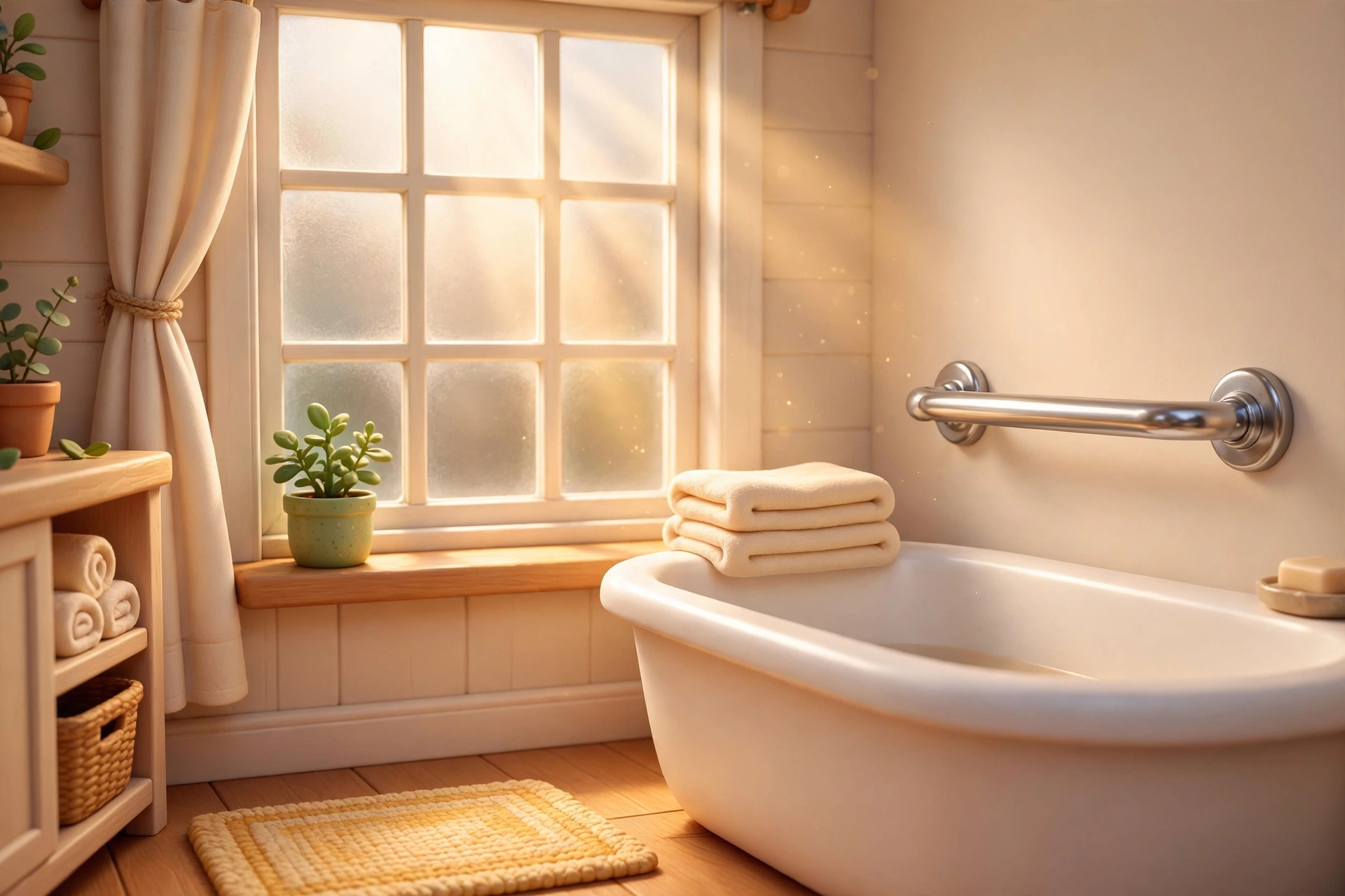 Illustration of a bright bathroom with a sturdy new grab bar installed beside the bathtub